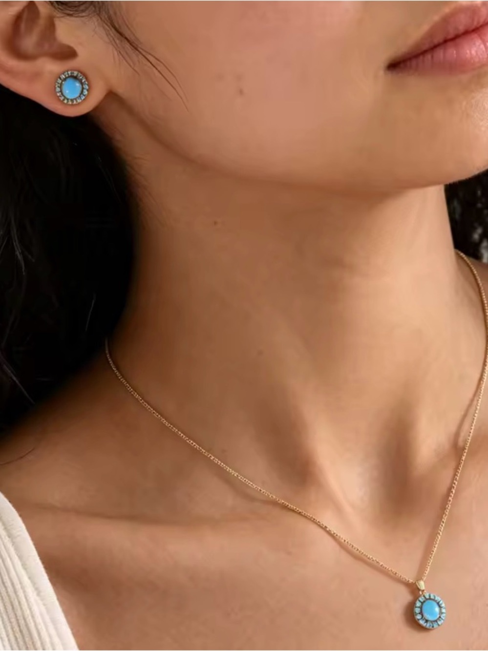 Turquoise Teal Halo Stud Earring with necklace Set